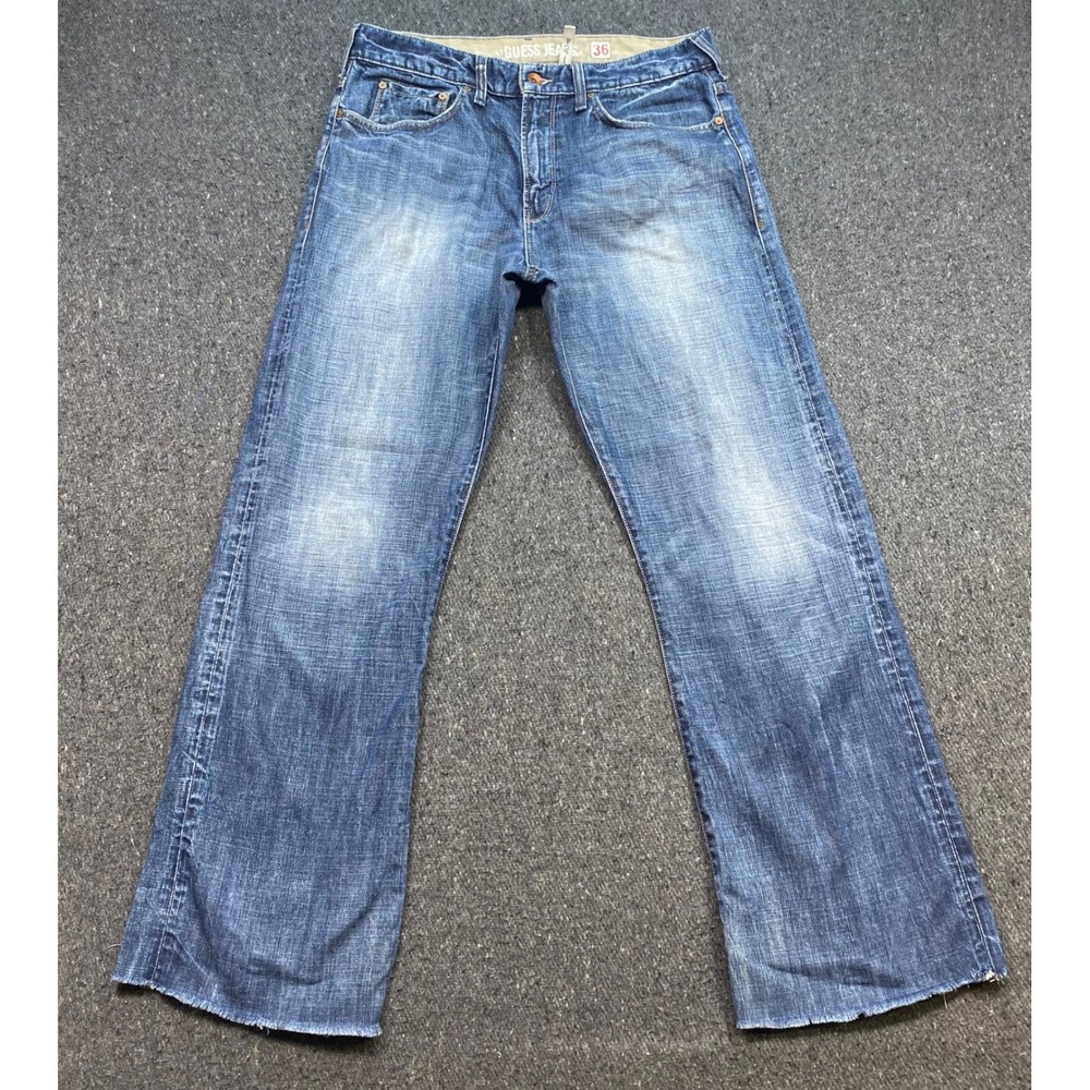 Guess Jeans The Cliff Bootcut Sz 36 Mens Blue Grunge Raw Hem Distressed Denim